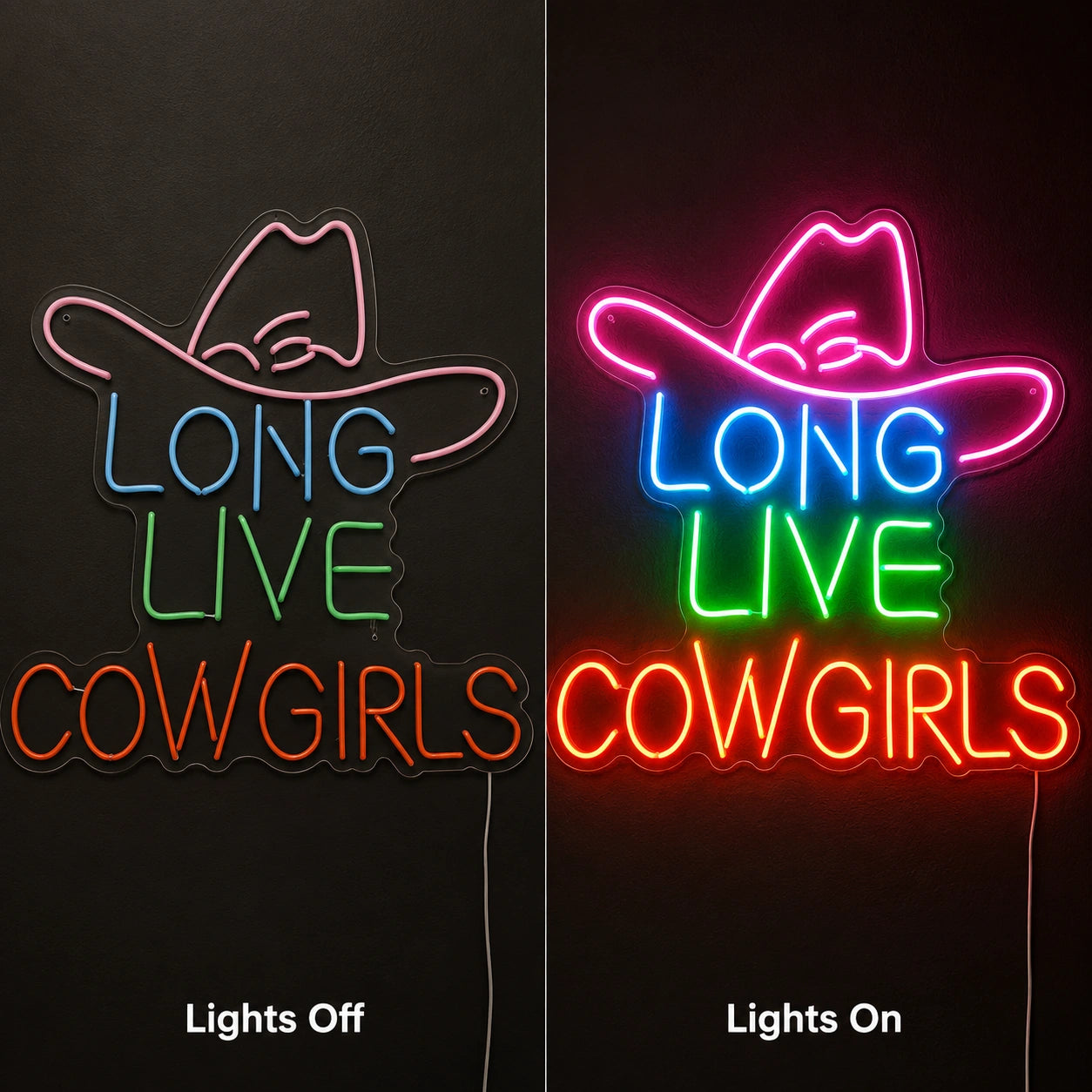 Long Live Cowgirls Neon Sign Wall Art LED Neon Sign day and night comparison