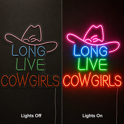 Long Live Cowgirls Neon Sign Wall Art LED Neon Sign day and night comparison