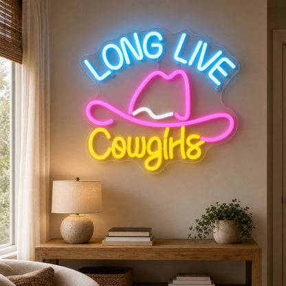 Long Live Cowgirls With Cowboy Hat LED Neon Sign real lifestyle scene