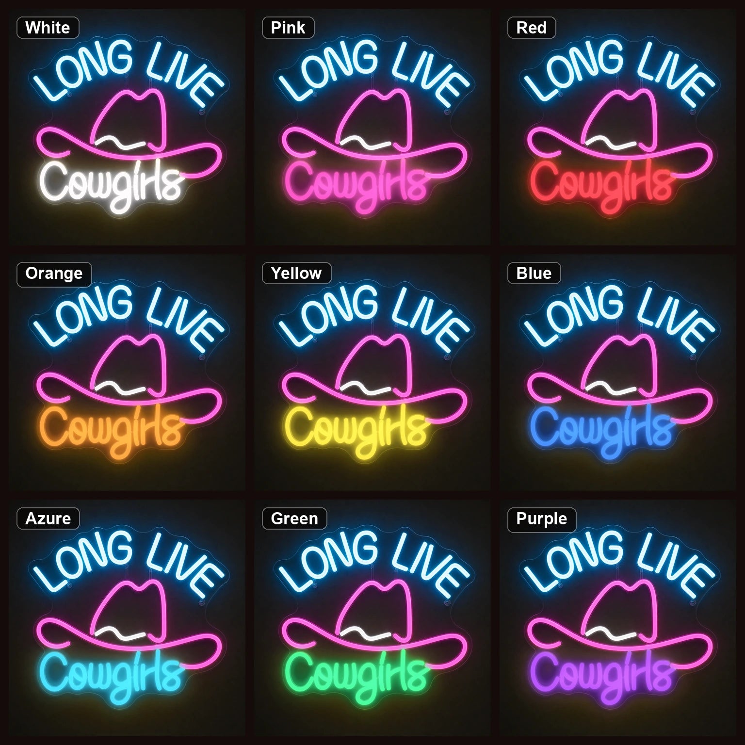 Long Live Cowgirls With Cowboy Hat LED Neon Sign color grid