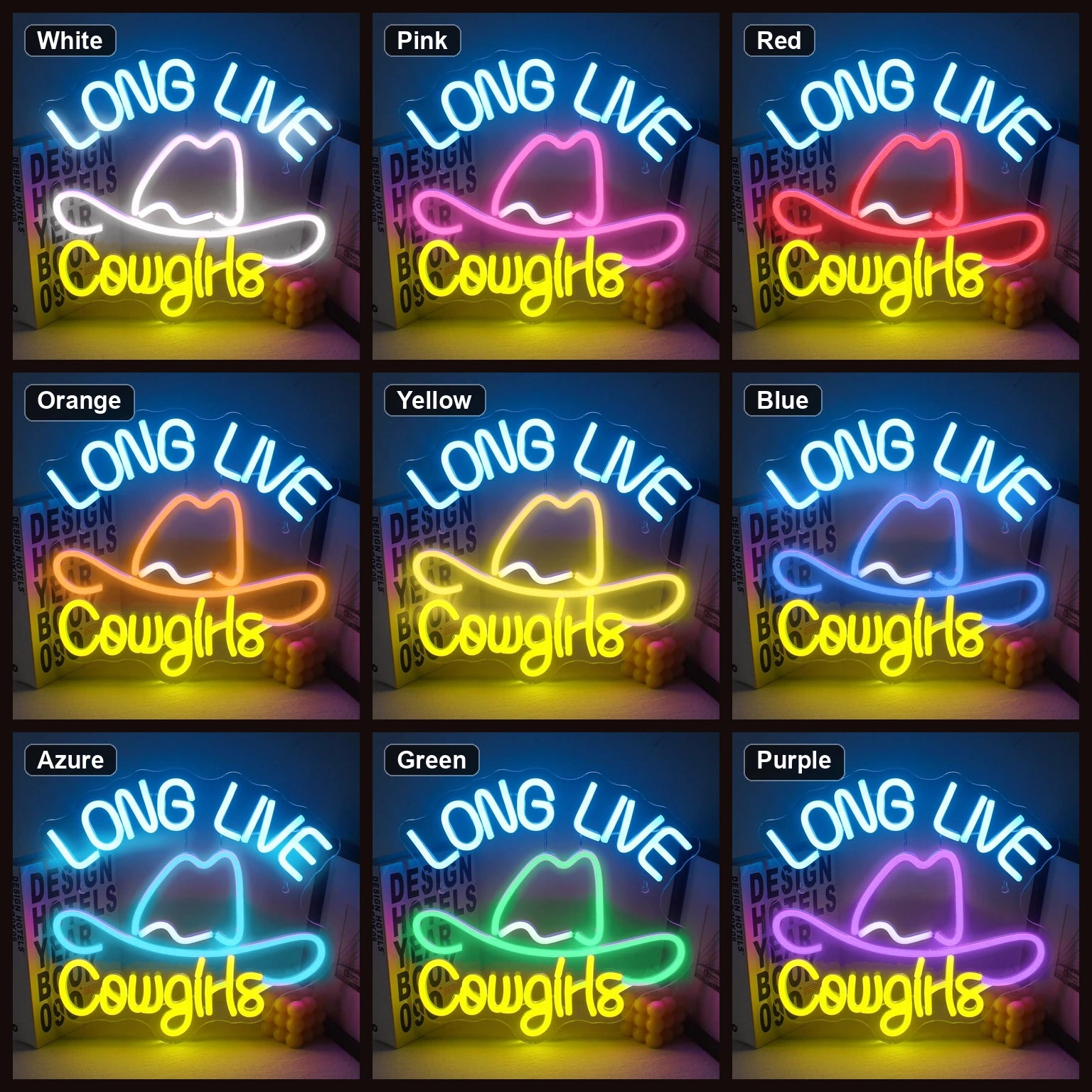 Long Live Cowgirls With Cowboy Hat LED Neon Sign Home Garage Wall Decoration color grid