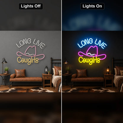 Long Live Cowgirls With Cowboy Hat LED Neon Sign Home Garage Wall Decoration day and night comparison