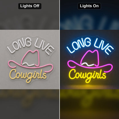 Long Live Cowgirls With Cowboy Hat LED Neon Sign Man Cave Neon Sign day and night comparison