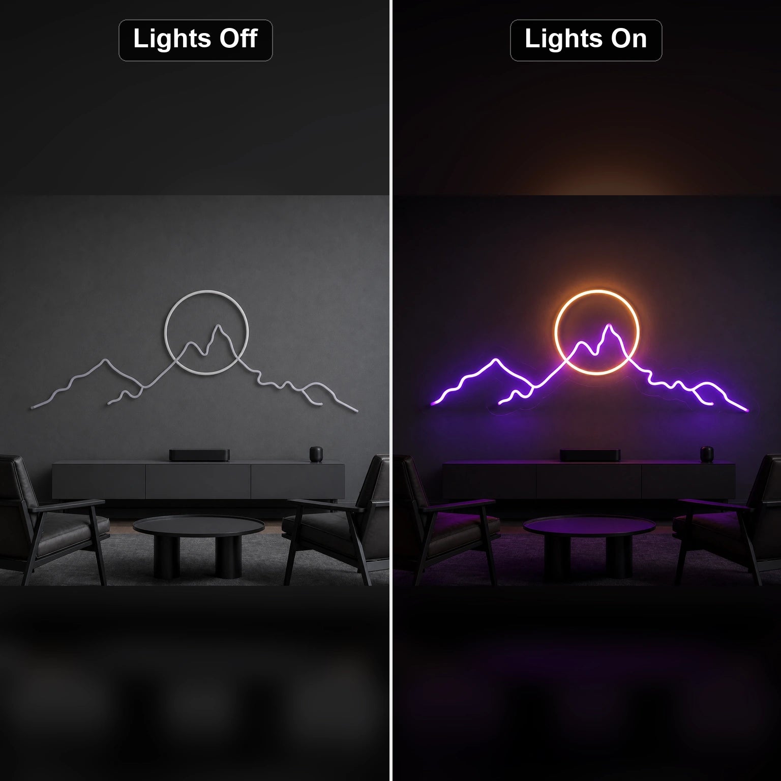 Long Mountain Ridge And Sun Man Cave LED Neon Sign Home Garage Wall Decoration day and night comparison