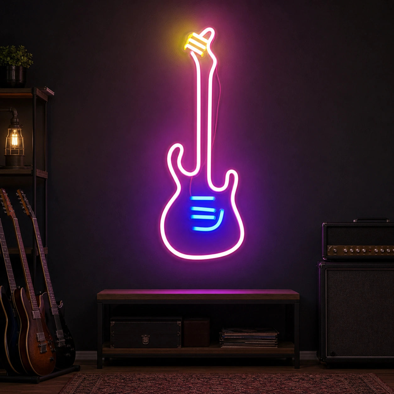 Long Neck Electric Guitar LED Neon Sign Home Garage Wall Decoration size image