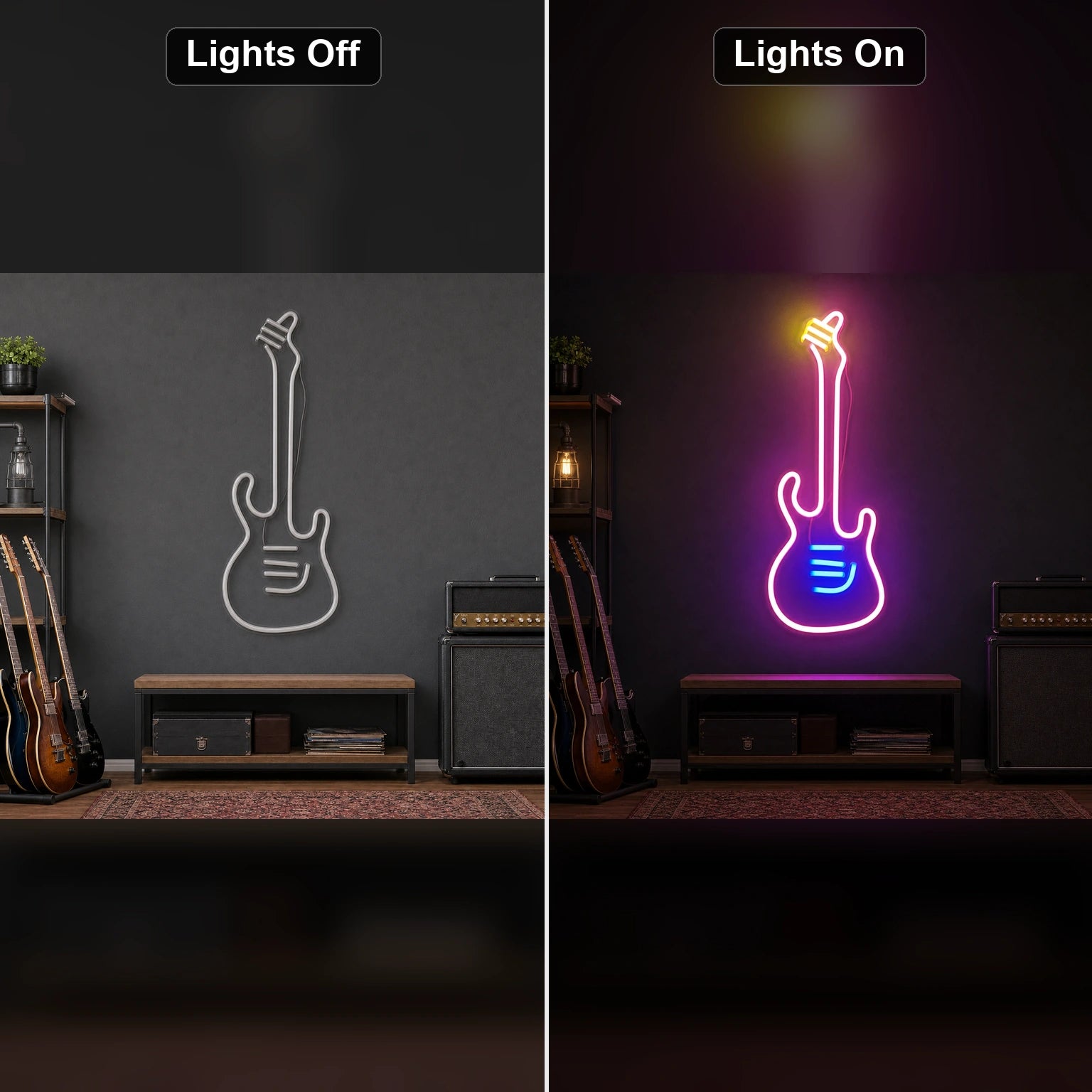 Long Neck Electric Guitar LED Neon Sign Home Garage Wall Decoration day and night comparison