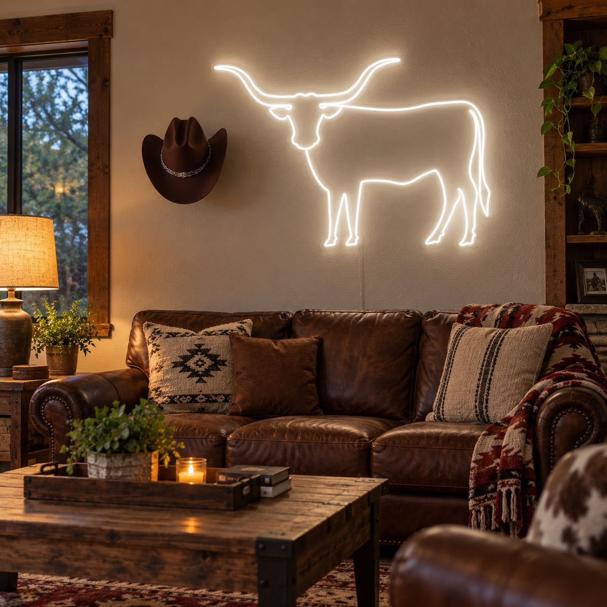 Longhorn Cattle Couch Cowboy Hat LED Neon Sign - Shineneon