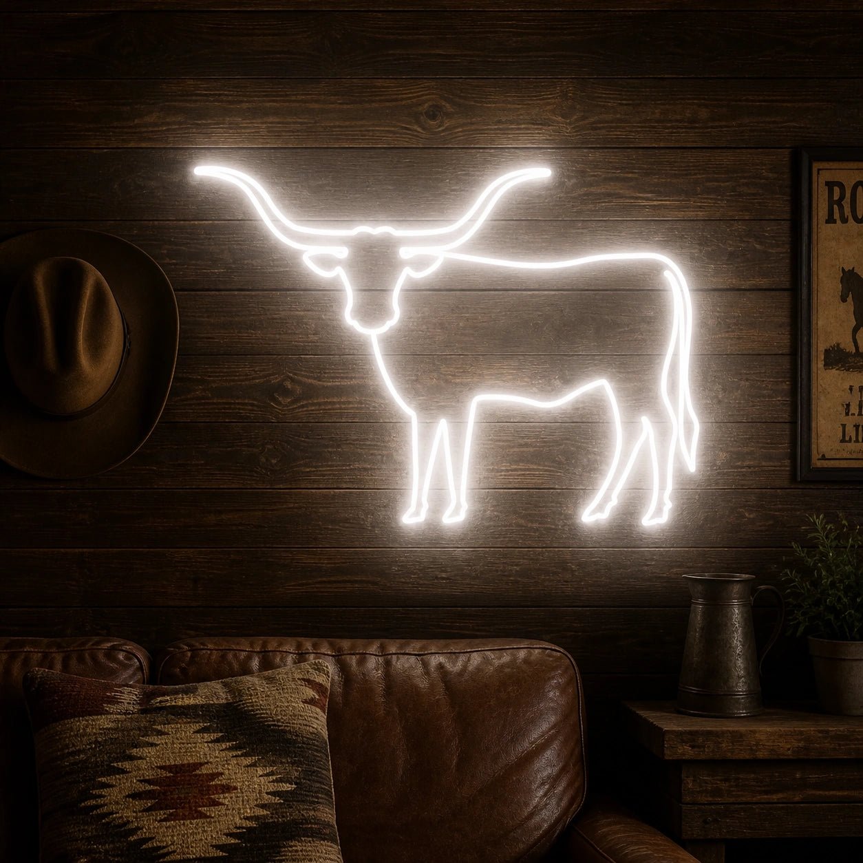 Longhorn Cattle Couch Cowboy Hat Vintage LED Neon Sign - Shineneon