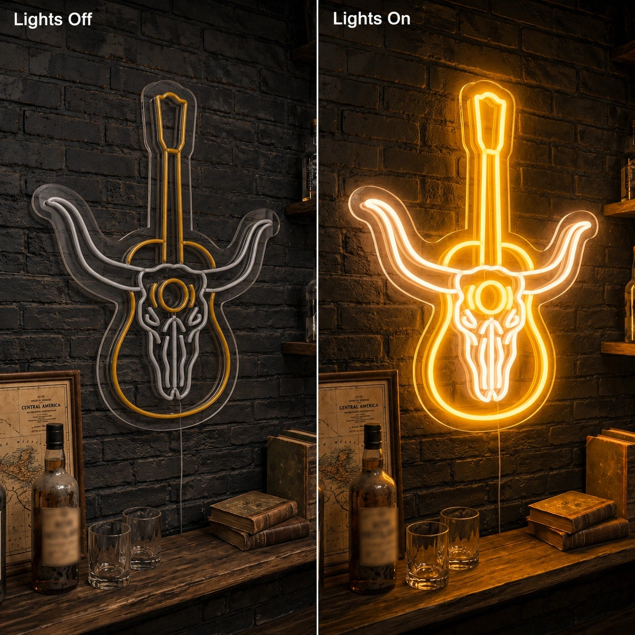 Longhorn Guitar Bar Neon Sign LED Neon Sign day and night comparison