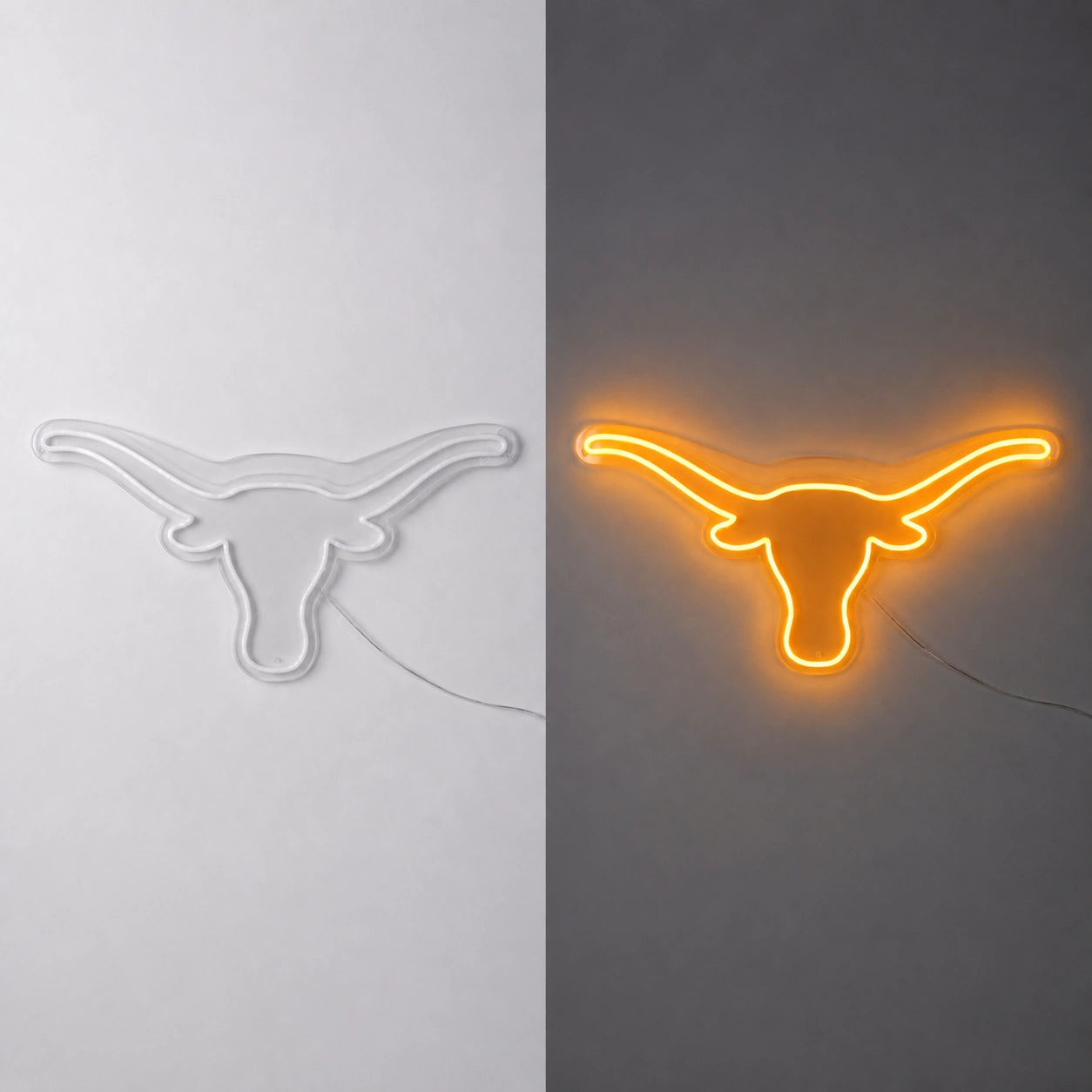 Longhorn Head Outline Vintage LED Neon Sign day and night comparison
