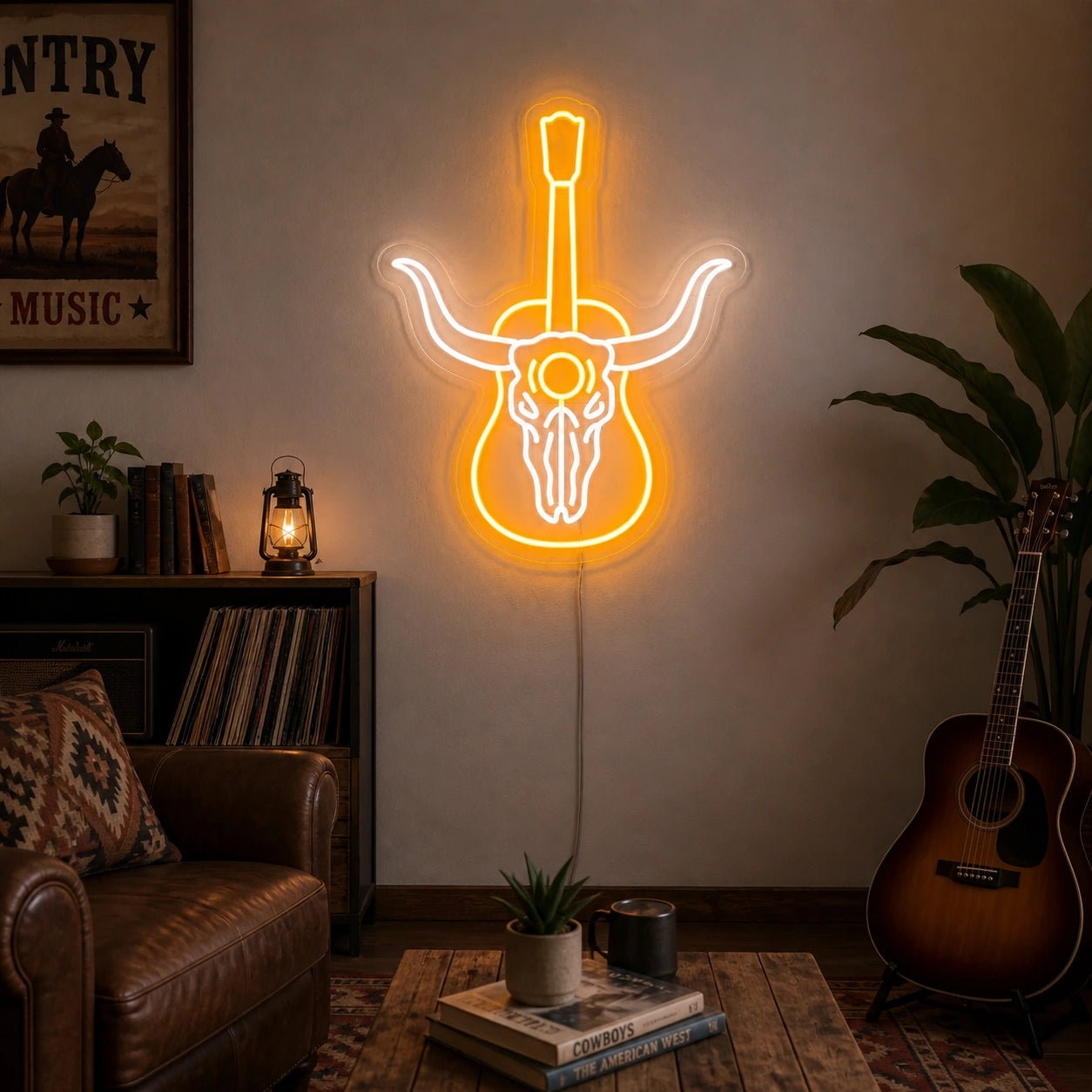 Longhorn Skull Acoustic Guitar Vintage LED Neon Sign size image
