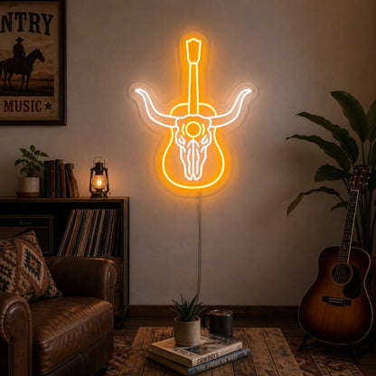 Longhorn Skull Acoustic Guitar Vintage LED Neon Sign size image