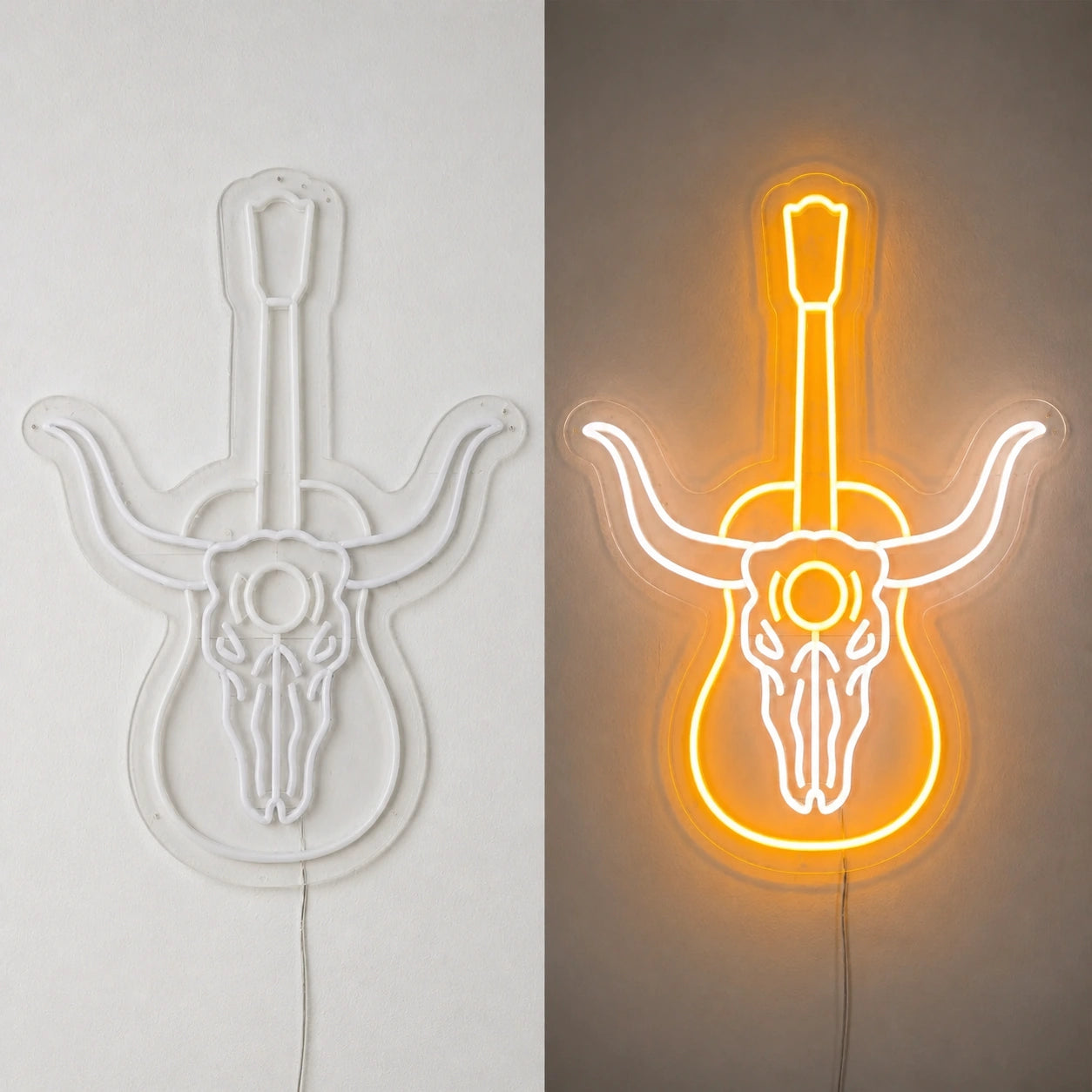 Longhorn Skull Acoustic Guitar Vintage LED Neon Sign day and night comparison