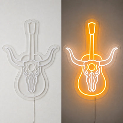 Longhorn Skull Acoustic Guitar Vintage LED Neon Sign day and night comparison