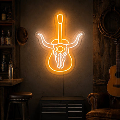 Longhorn Skull Acoustic Guitar Vintage LED Neon Sign - Shineneon