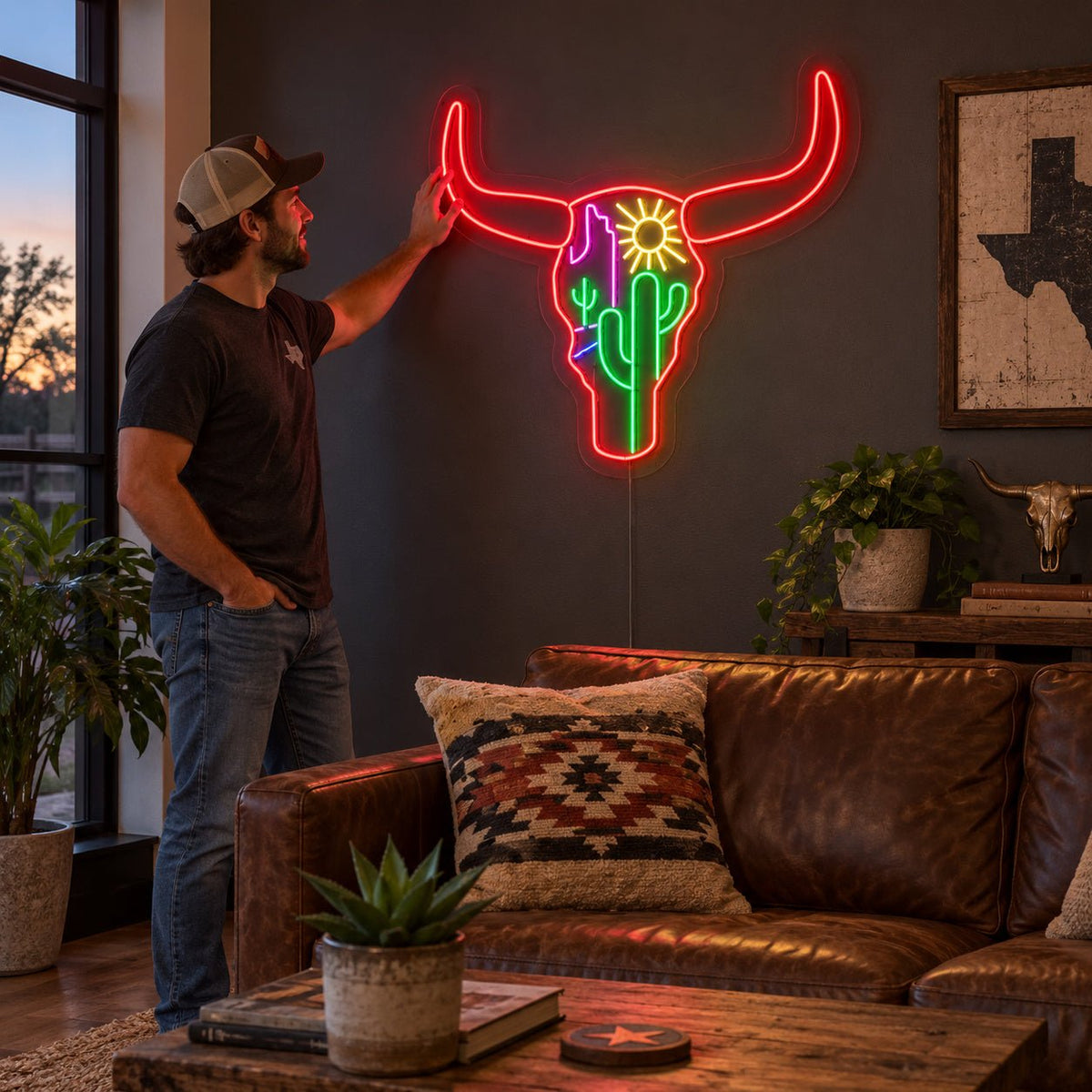 Longhorn Skull Cactus Desert LED Neon Sign - Shineneon