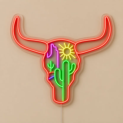 Longhorn Skull Cactus Desert LED Neon Sign - Shineneon