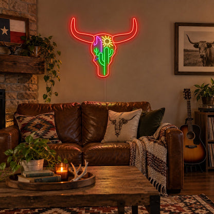 Longhorn Skull Cactus Desert LED Neon Sign - Shineneon