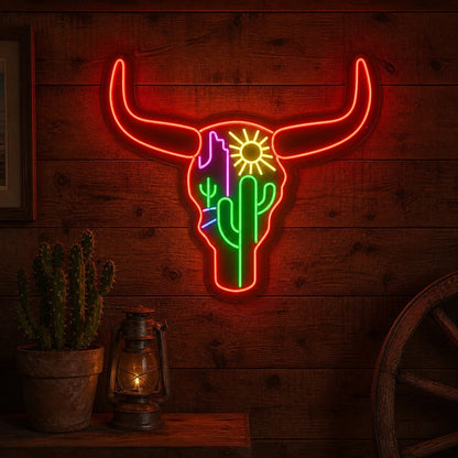 Longhorn Skull Cactus Desert Vintage LED Neon Sign - Shineneon