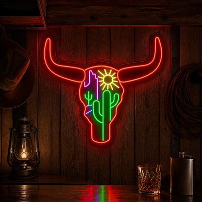 Longhorn Skull Cactus Desert Vintage LED Neon Sign - Shineneon