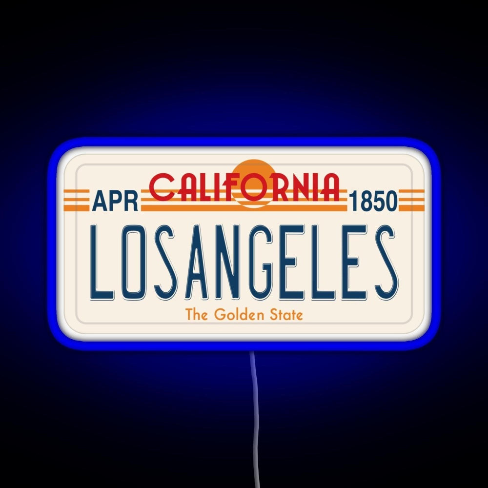 Los Angeles California License Plate Rgb Neon Sign - Neon sign mounted on wall in room