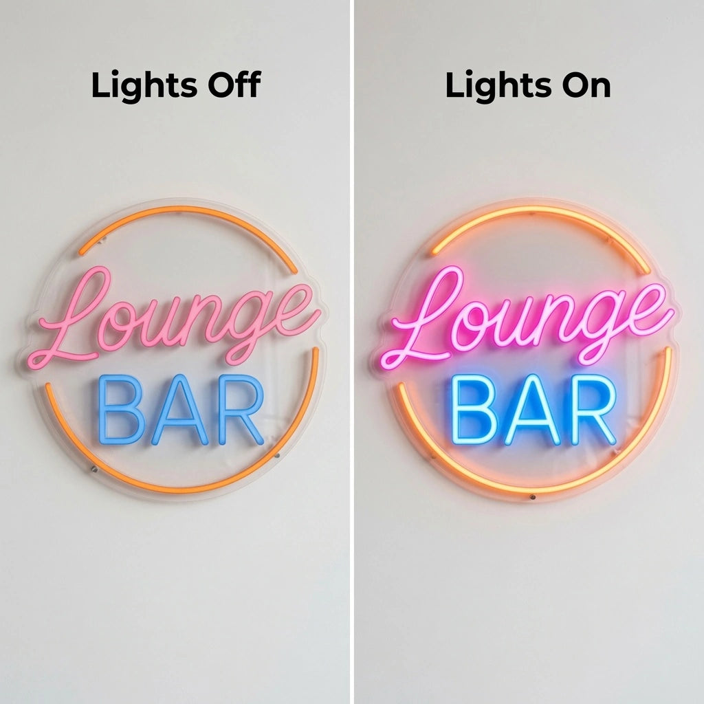 Lounge Bar Business LED Neon Sign - 06 Day Night Comparison