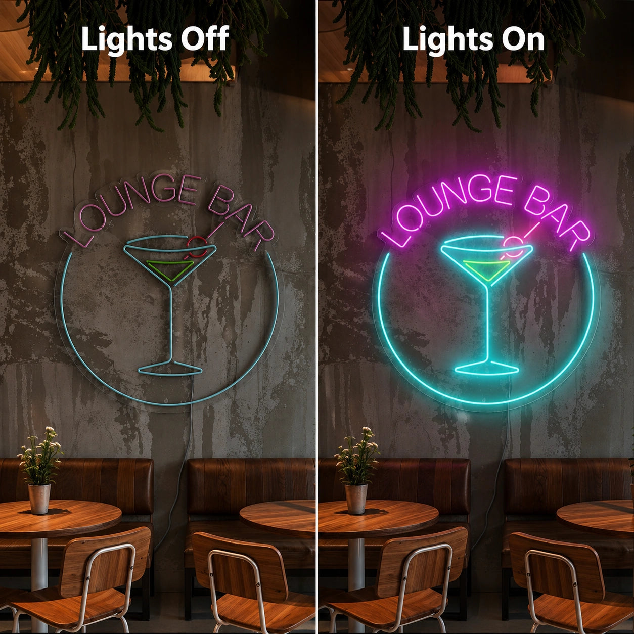 Lounge Bar Martini Neon Sign LED Neon Sign day and night comparison