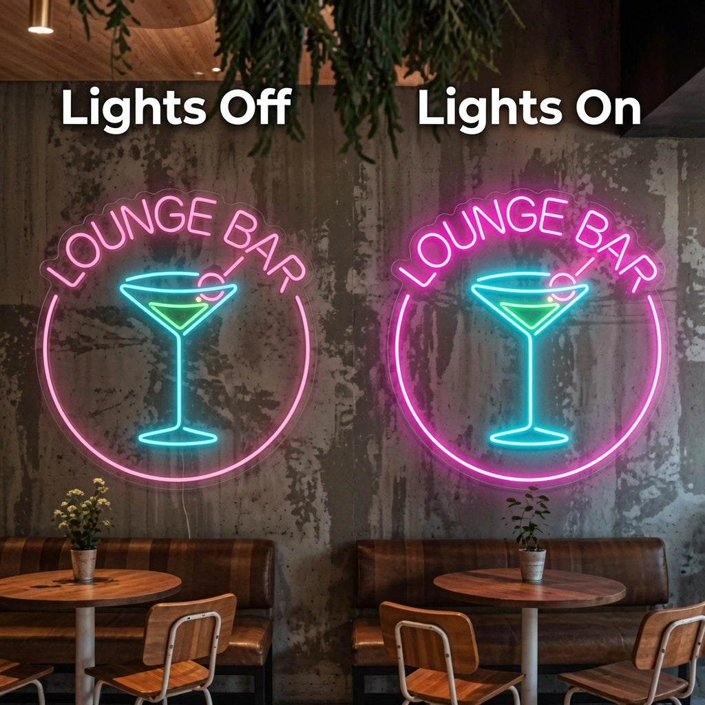 Lounge Business LED Neon Sign - 06 Day Night Comparison