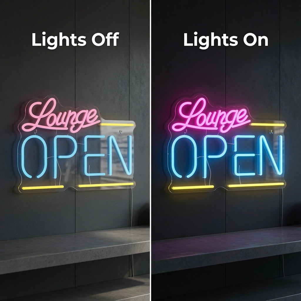 Lounge Open Business LED Neon Sign - 06 Day Night Comparison