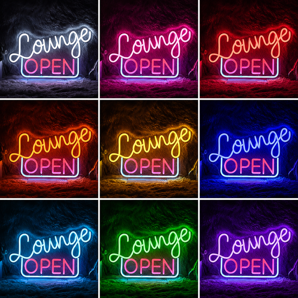 Lounge Open In Front Of A Dark LED Neon Sign color grid