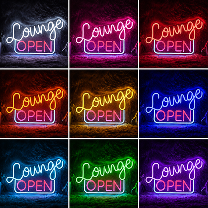 Lounge Open In Front Of A Dark LED Neon Sign color grid