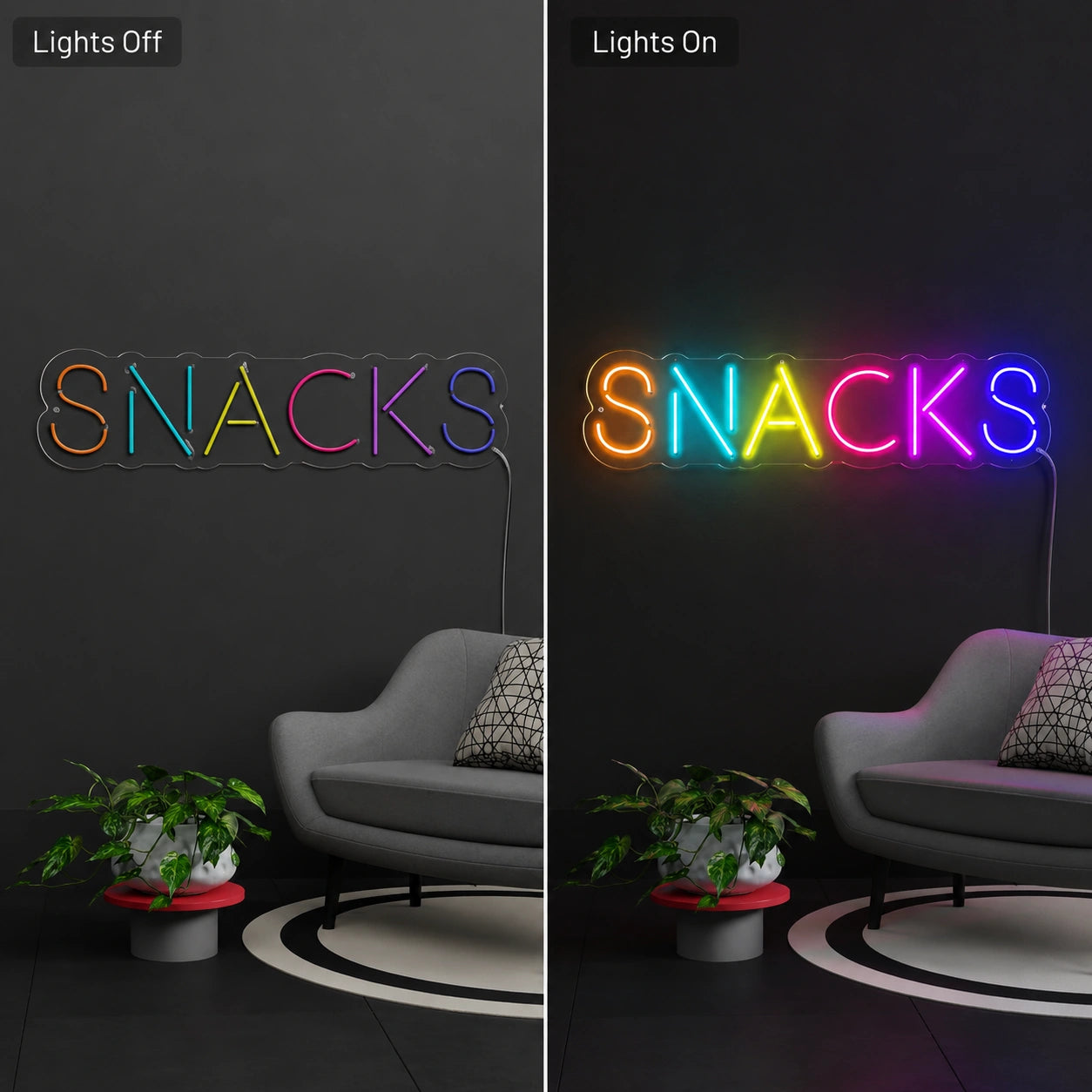 Lounge Snacks Neon Sign LED Neon Sign day and night comparison