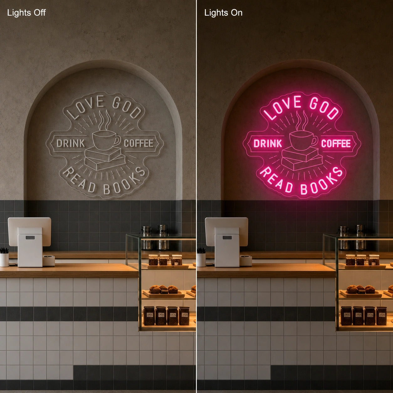 Love Good Coffee And Read Books LED Neon Sign Man Cave Neon Sign day and night comparison