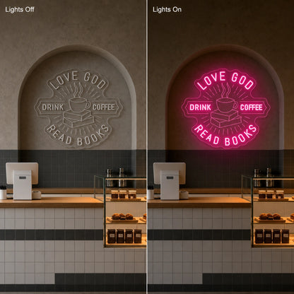 Love Good Coffee And Read Books LED Neon Sign Man Cave Neon Sign day and night comparison