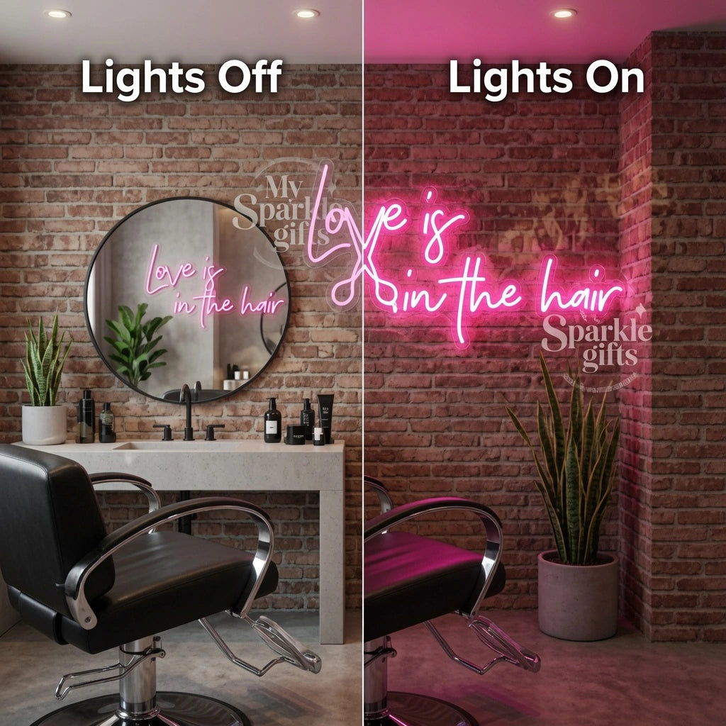 Love Is In The Hair LED Neon Sign Bedroom Decor - 06 Day Night Comparison