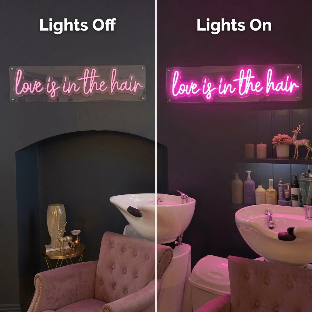 Love Is In The Hair Wall Decor LED Neon Sign - 06 Day Night Comparison