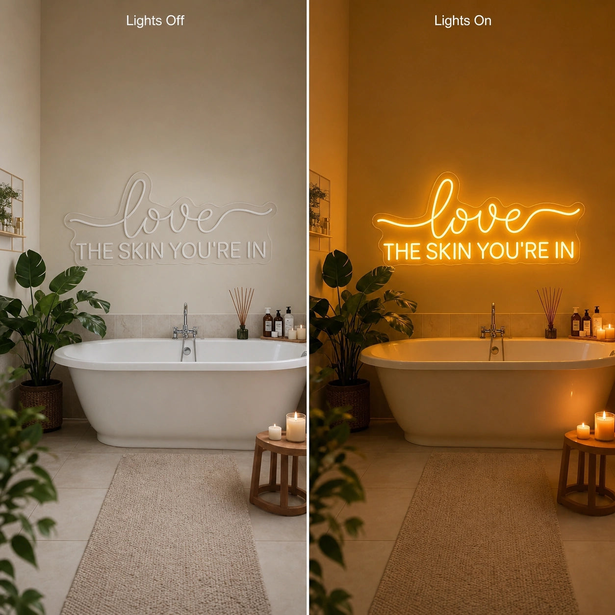Love The Skin You Re LED Neon Sign Man Cave Neon Sign day and night comparison