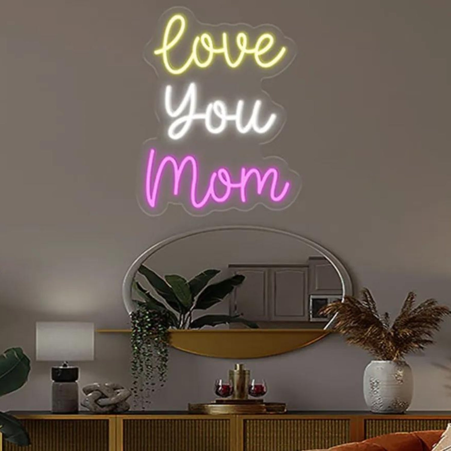 Love You Mom Yellow-White-Pink LED Neon Sign for Mothers Day Home Decor | Shineneon