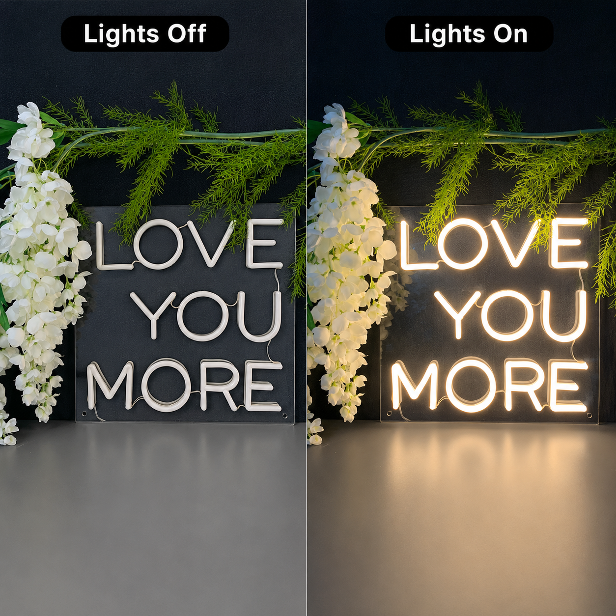 Love You More LED Neon Sign Bedroom Wall Art - 06 Day Night Comparison