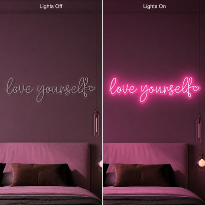 Love Yourself LED Neon Sign Garage Neon Sign day and night comparison