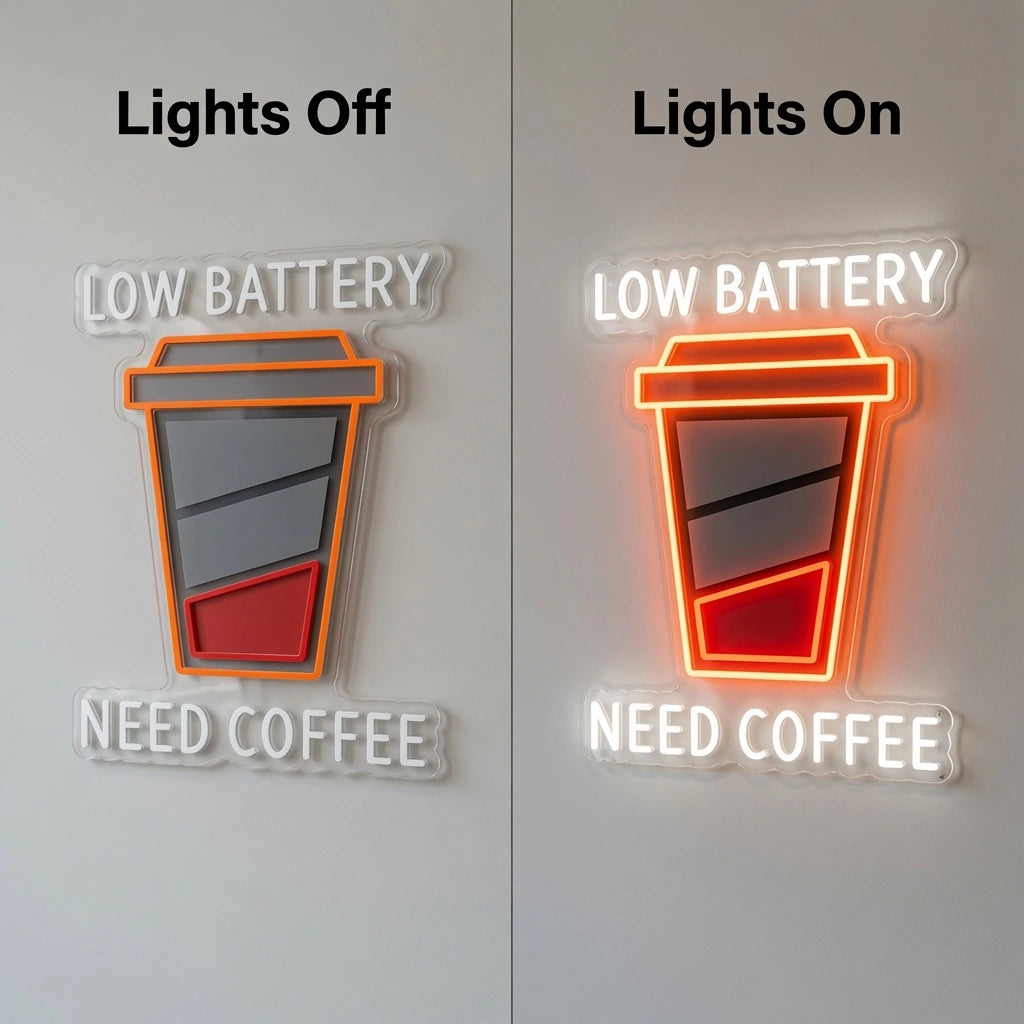 Low Battery Need Coffee Wall Decor LED Neon Sign - 06 Day Night Comparison