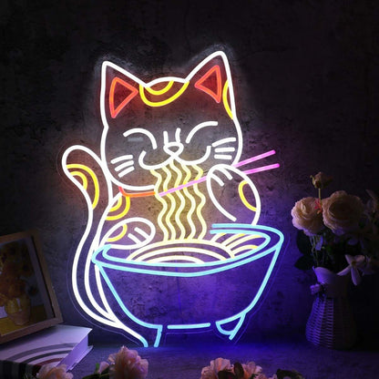 Lucky Cat Eating Noodles Custom Led Neon Sign - Shineneon