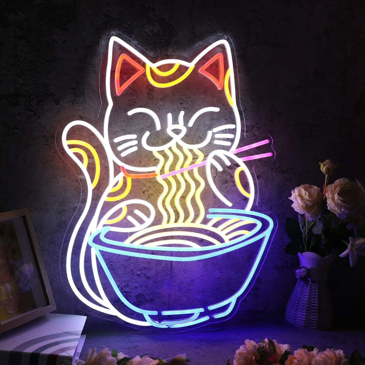 Lucky Cat Eating Noodles Custom Led Neon Sign - Shineneon