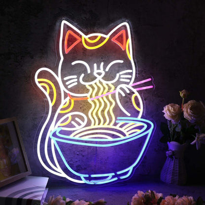 Lucky Cat Eating Noodles Custom Led Neon Sign - Shineneon