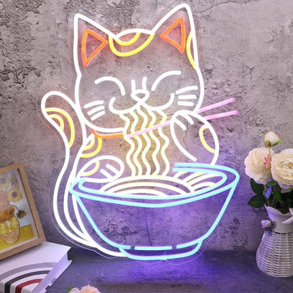 Lucky Cat Eating Noodles Custom Led Neon Sign - Shineneon