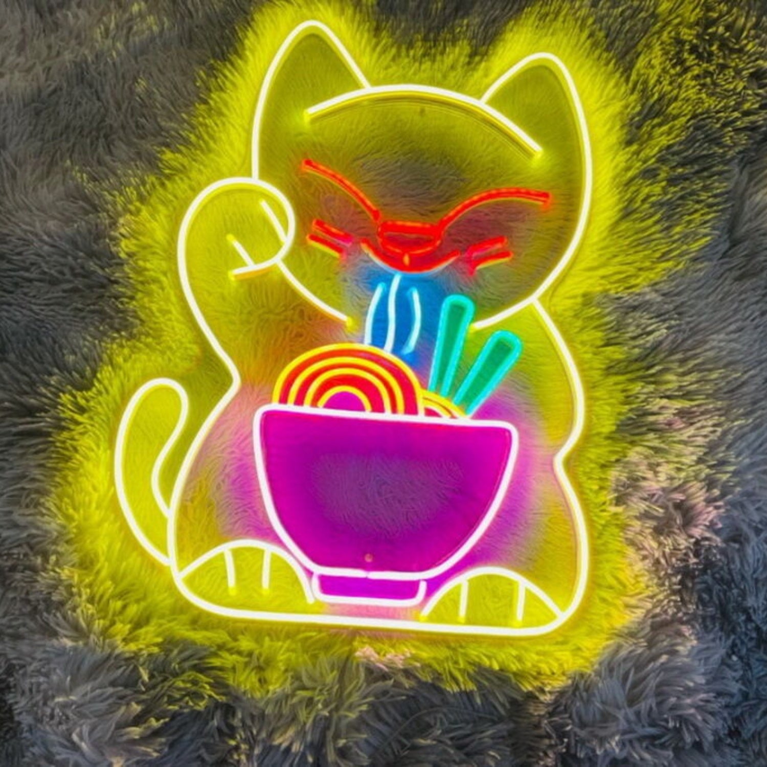 Lucky Cat Eating Noodles Led Neon Sign - Shineneon
