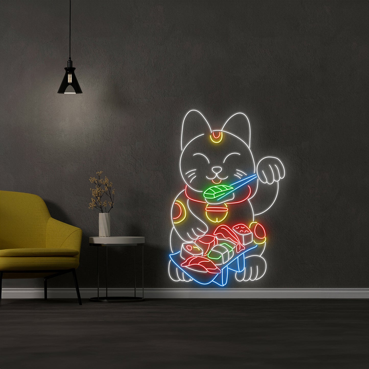 Lucky Cat Eating Sushi Neon Sign