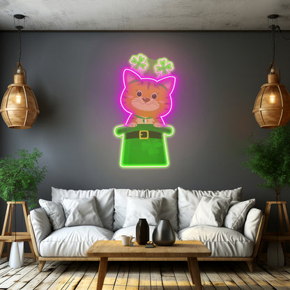 Lucky Kitty Saint Patrick Day Funny Cat Neon Led Signs