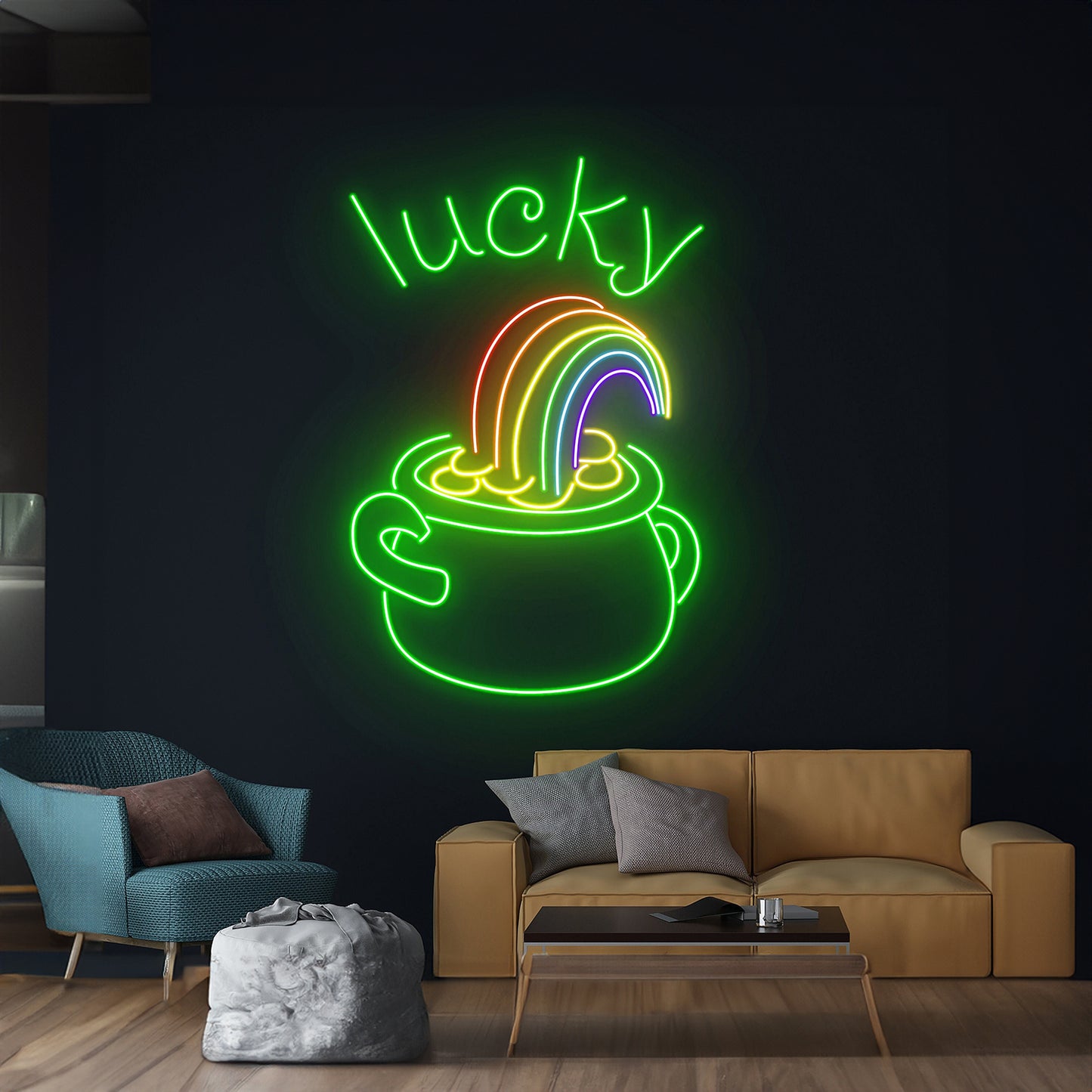 Lucky Rainbow Gold Cauldron Neon Sign