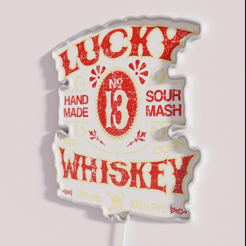 Lucky Whiskey Distressed Rgb Led Neon Sign - Neon sign mounted on wall in room